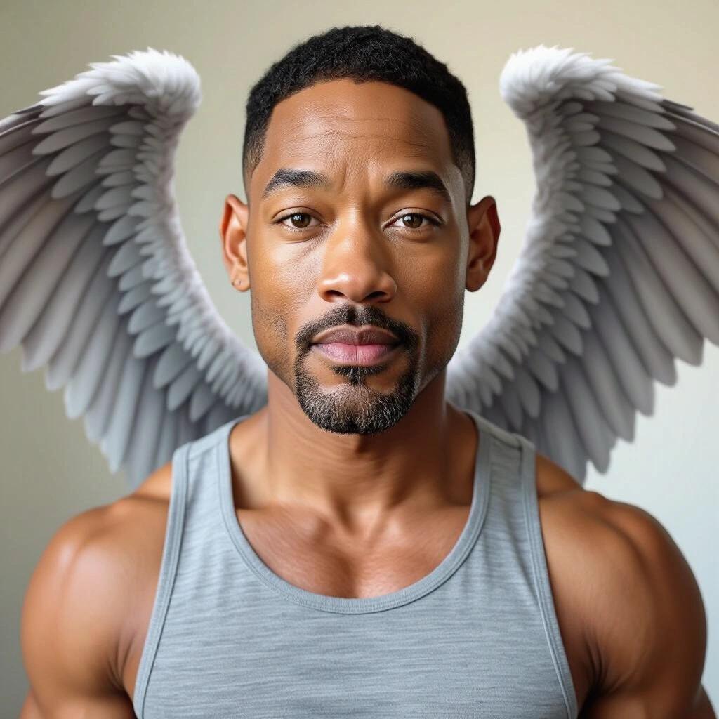 Muscular figure with grey wings. Strong posture. Neutral background. Calming vibe.