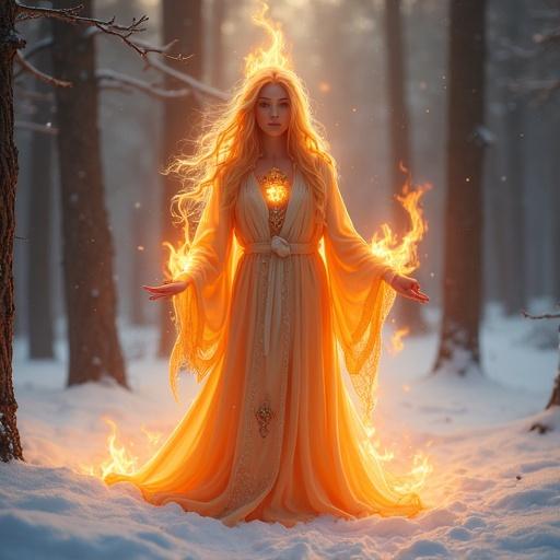 A gentle fire spirit stands in a snow-covered quiet forest. Warm amber and golden flames surround her. Hair flows like soft fire, eyes glow like embers. Radiant platinum robe with lantern motifs. Soft healing light illuminates the snow. Symbolizes warmth and hope. Ethereal atmosphere, high-resolution fantasy art style.