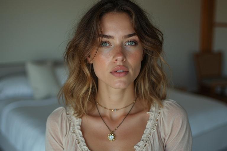 A girl seated indoors, natural light, soft expression, simple clothing. No ornaments visible. The background features a bed and minimal decor.