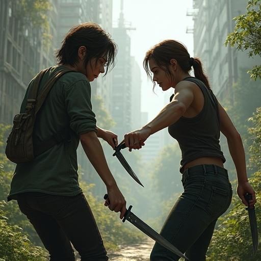Image of two characters named Ellie engaging in a knife fight. The background shows an apocalyptic setting like a video game with overgrown plants, dilapidated cars, and crumbling buildings.