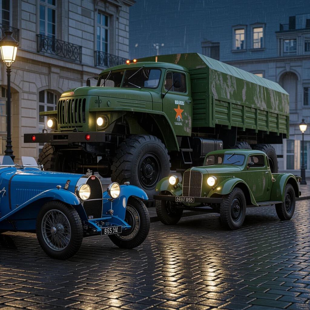 Photorealistic night scene. Waterloo 2025. Rain-slicked cobblestones. Left: Pristine 1924 Bugatti Type 35 in blue. Slightly touched headlights. Chrome wire wheels. Engine idling with steam. Right: Massive Soviet 6x6 Military Truck from 1951 with colossal wheels. Heavy rust, peeling paint. Headlights casting light. Low-angle shot emphasizing disparity. Military driver barely visible. Bugatti's polish vs truck's corrosion. Waterloo street sign in context. Ghost detail of hammer and sickle under truck.