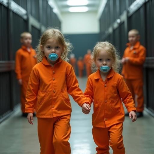 Two children walk in a jail wearing orange jumpsuits holding hands. They have oversized pacifiers in their mouths. Guards are in the background with other children in jail cells.