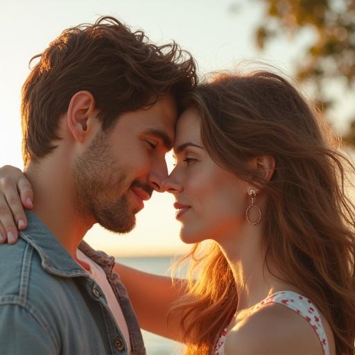 Image features a couple in a romantic moment. Their faces are close together. Soft lighting enhances the intimate atmosphere. Background hints at a sunset over a water body. Handwritten phrase 'I Love You' is the focal point.