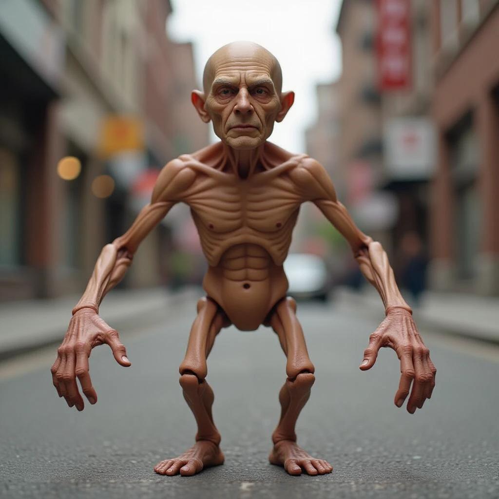 A surreal, mutated humanoid figure stands in a city setting. The figure has extra limbs and fingers, a deformed face, and distorted anatomical features. The design emphasizes bad proportions and unnatural poses. The atmosphere is eerie with a slightly blurred background to highlight the strange figure.
