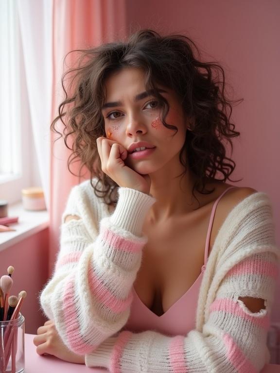 Contemporary photograph of a young woman in a pastel-themed vanity space. Woman has unkempt curly hair and is dressed in a low-cut pink top and a dirty white cardigan with pink stripes. Tears on her cheeks, puffy eyes, and running mascara. Makeup brushes and beauty products on the table. Natural light from the window.