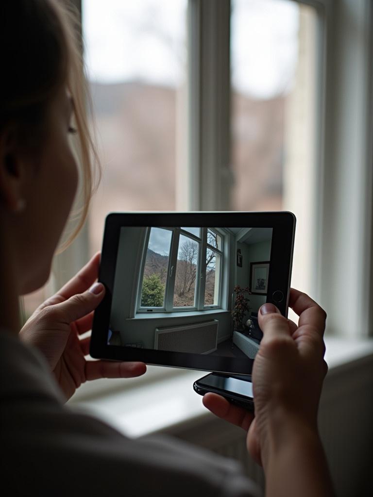 A person captures a window scene on a tablet while holding a smartphone. The scene shows the same window inside a room. Focus on devices overlapping.