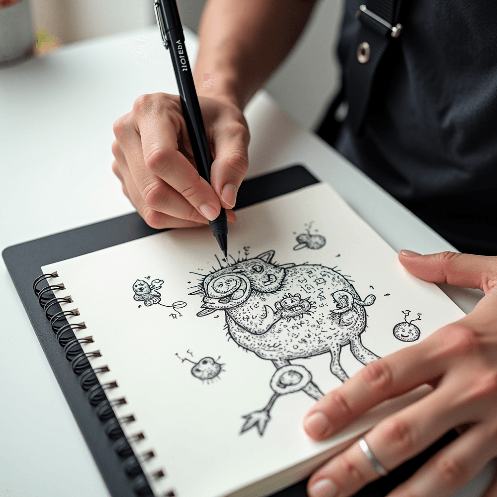 A hand is drawing a quirky, detailed creature with ink on a sketchpad, featuring round eyes and whimsical anatomy.