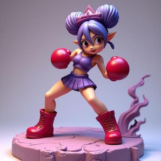 A stylized 3D resin figure of an athletic boxer girl. She has a toned body in an action pose, throwing a punch. She wears a purple boxing outfit with red gloves and boots. Her hairstyle has 3 buns forming a crown and she has spiky shoulder pads. The figure stands on a dynamic base, resembling a battlefield.