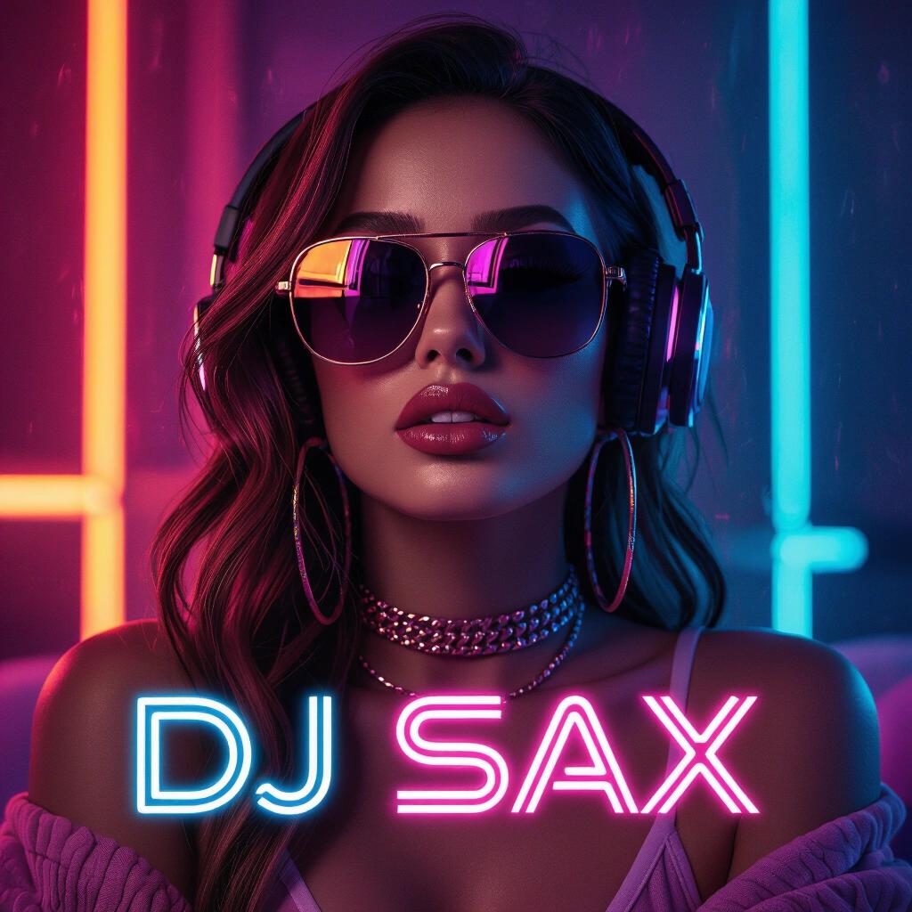 Artistic album cover showcasing a musician in a dark neon classy bedroom. The musician wears sunglasses and has styled hair. RGB lights create a vibrant atmosphere. The text DJ SAX glows in bright neon colors.