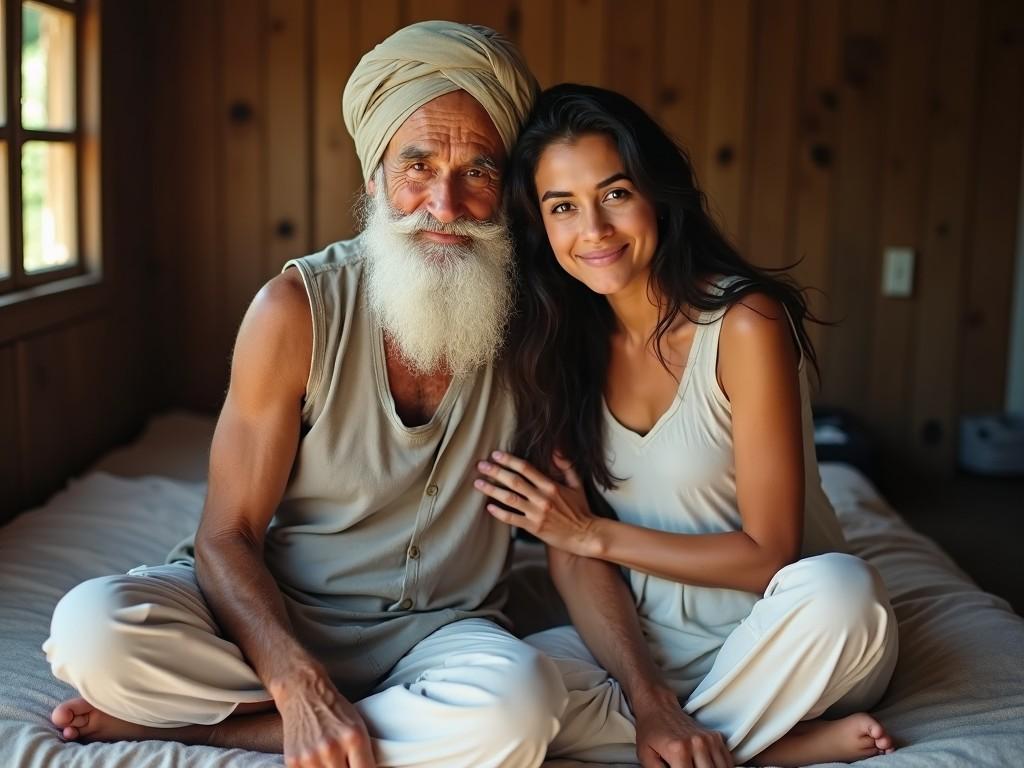 The image shows an elderly man and a young woman sitting closely together on a bed inside a wooden room. The man, wearing a turban and a sleeveless top, has a white beard and looks wise and serene. The young woman, with long dark hair, sits beside him, resting her hand on his chest, displaying a look of warmth and affection. The room is softly lit by natural light coming through a window, creating a cozy, intimate atmosphere. The wooden walls and simple decor suggest a traditional or rural setting, enhancing the image's sense of warmth and familiarity.