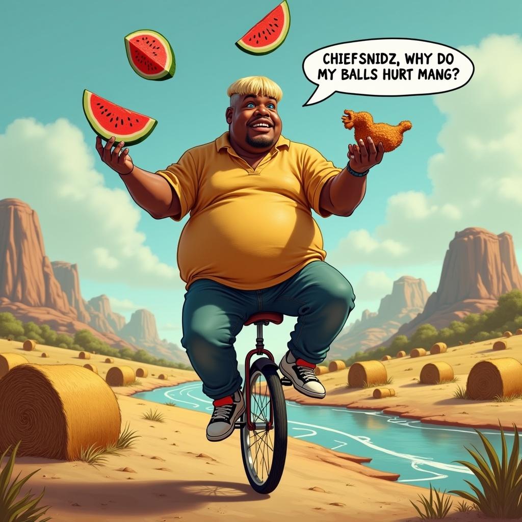 An obese man rides a unicycle. He is juggling fried chicken and watermelon slices. Background shows a mysterious land with hay bails and a dry river. A chat bubble shows him speaking humorously.