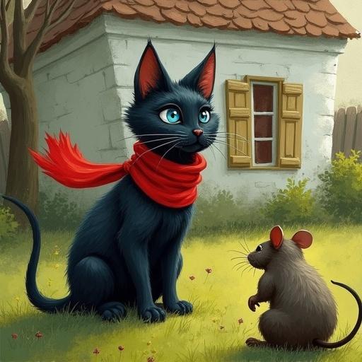 Illustration of a black cat with blue eyes wearing a red scarf. Cat pretending to die on a lawn. A large rat observing the cat from the back. Scene set near an old house.
