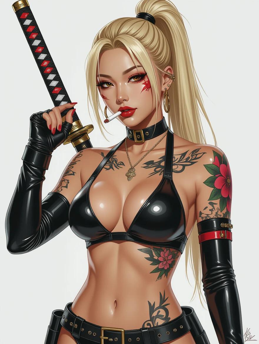 Cyberpunk character model dressed in black latex bikini outfit. Model adorned with colorful tattoos throughout her body. Long blonde hair styled in a high ponytail. Holding a katana confidently in right hand. Displaying a half-smile conveying a dangerous aura. Standing with chin elevated. Smoke wafting from the direction of her lips.