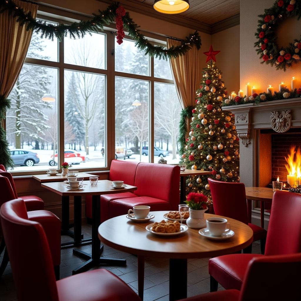 Cinematic coffee shop interior showcasing tables with flower vases and pastries. Large windows reveal snow covered trees during Christmas. Cozy ambiance includes a decorated tree, fireplace, and candles. Red and white color themes dominate the decor.