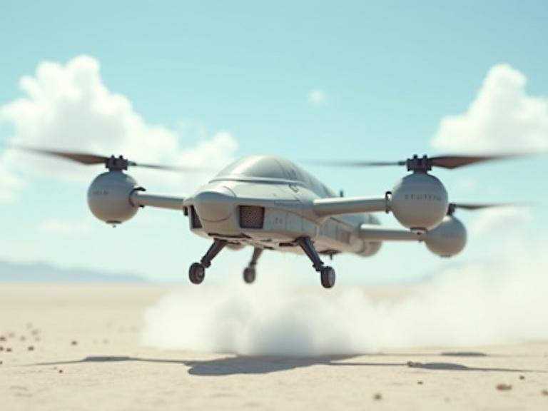 Cinematic small light grey sleek sci-fi military hover drone with two round propellers in a white desert. Features a small missile launcher with dust blowing around. Background includes blue sky and clouds. Focus on realism and detail.