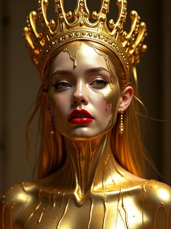 A 3D sculpture of a queen made of liquid gold. The body features metallic textures. Gold is dripping. The queen wears a melting crown. The sculpture has red lips and intricate details.