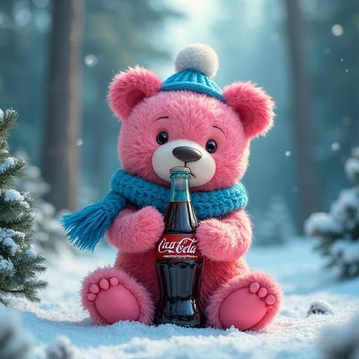 Cute pink bear holding Coca-Cola bottle wears blue Christmas hat. Surrounded by pine forest in winter scenery.