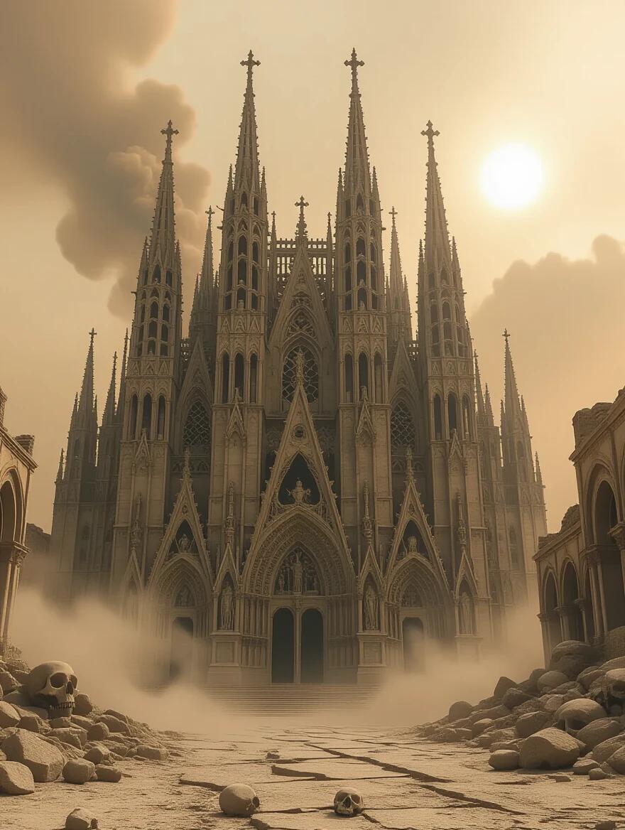 Colossal cathedral constructed from bones and skeletal arches. Spires coated in ash with walls made of fossilized remains. Altar built from skulls, surrounded by dust storms. Wide-angle view from a low perspective showing imposing verticality. Dusky lighting with faint sun through thick smog. Swirling ash in the air with distant thunderclouds. Hyperdetailed organic textures with cracked surfaces. Surreal architecture with eroded beauty. Solemn and terrifying mood with echoing silence and oppressive scale. Cinematic scope similar to the style of Zdzisław Beksiński. Gothic surrealism in a necropolis dreamscape.