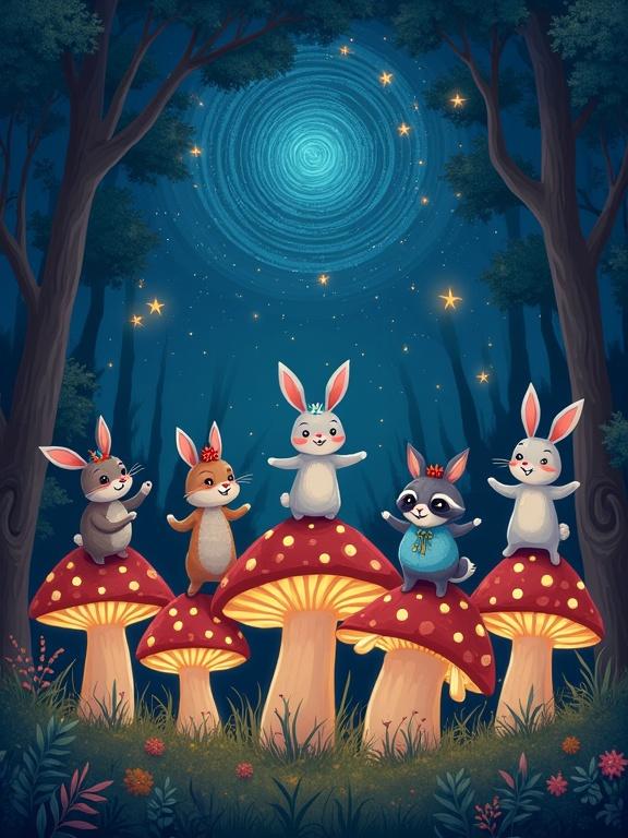 A group of rabbits, foxes, and raccoons wearing mini embroidered hats dance on giant glowing mushrooms in an enchanted forest night scene. Starry sky spirals in the background like cosmic vinyl.