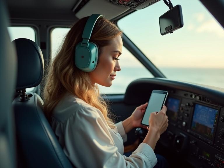 A woman sitting in the cockpit of a jet wearing headphones while using a smartphone. The setting features high-quality details and natural light with ocean views outside.