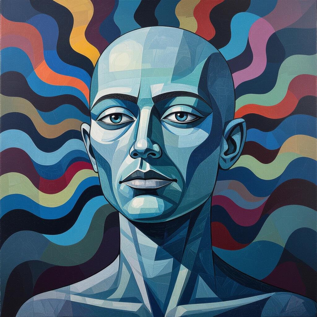 Bald humanoid figure in cool tones with wavy background. The figure has a thoughtful expression. Style reflects alex grey influence with vibrant patterns.