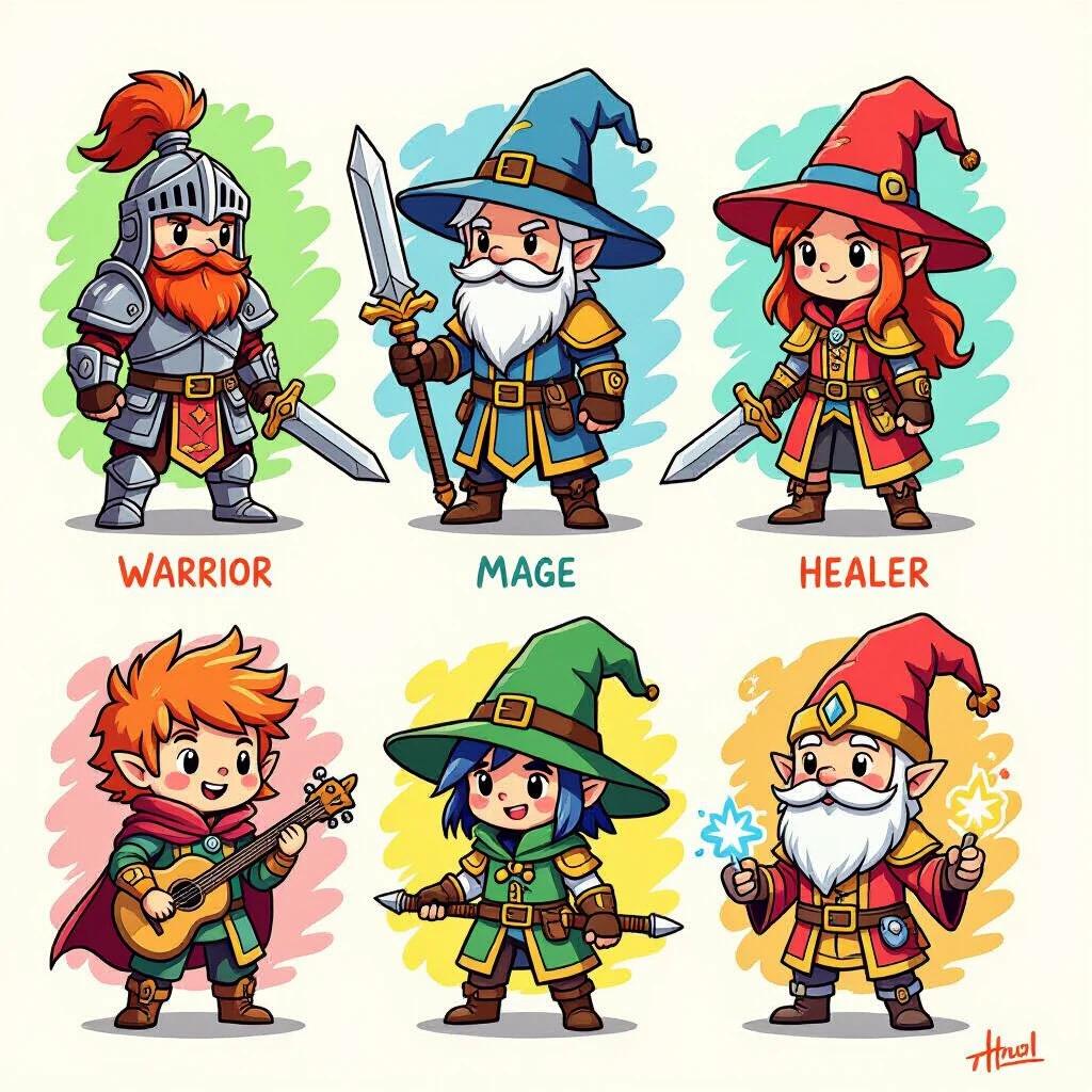 Image of RPG character classes designed in wax crayon style. Characters include a warrior, mage, healer, rogue, bard, and artificer. Each character is vibrant and colorful. Textures and stroke lines simulate children's crayon drawings. Bright and lively designs. Art reference from Adventure Time and Ni no Kuni.