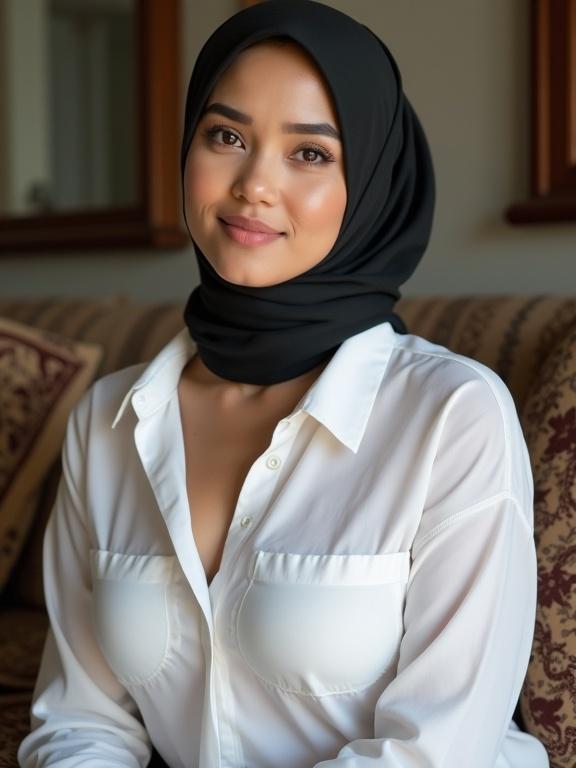 Portrait of an Indonesian woman wearing a hijab. She has full lips and dark eyes. The woman sits on a traditional sofa with batik cushions. Natural lighting creates a warm atmosphere. Her pose is relaxed and confident. The blouse is thin and white. The background is softly focused.