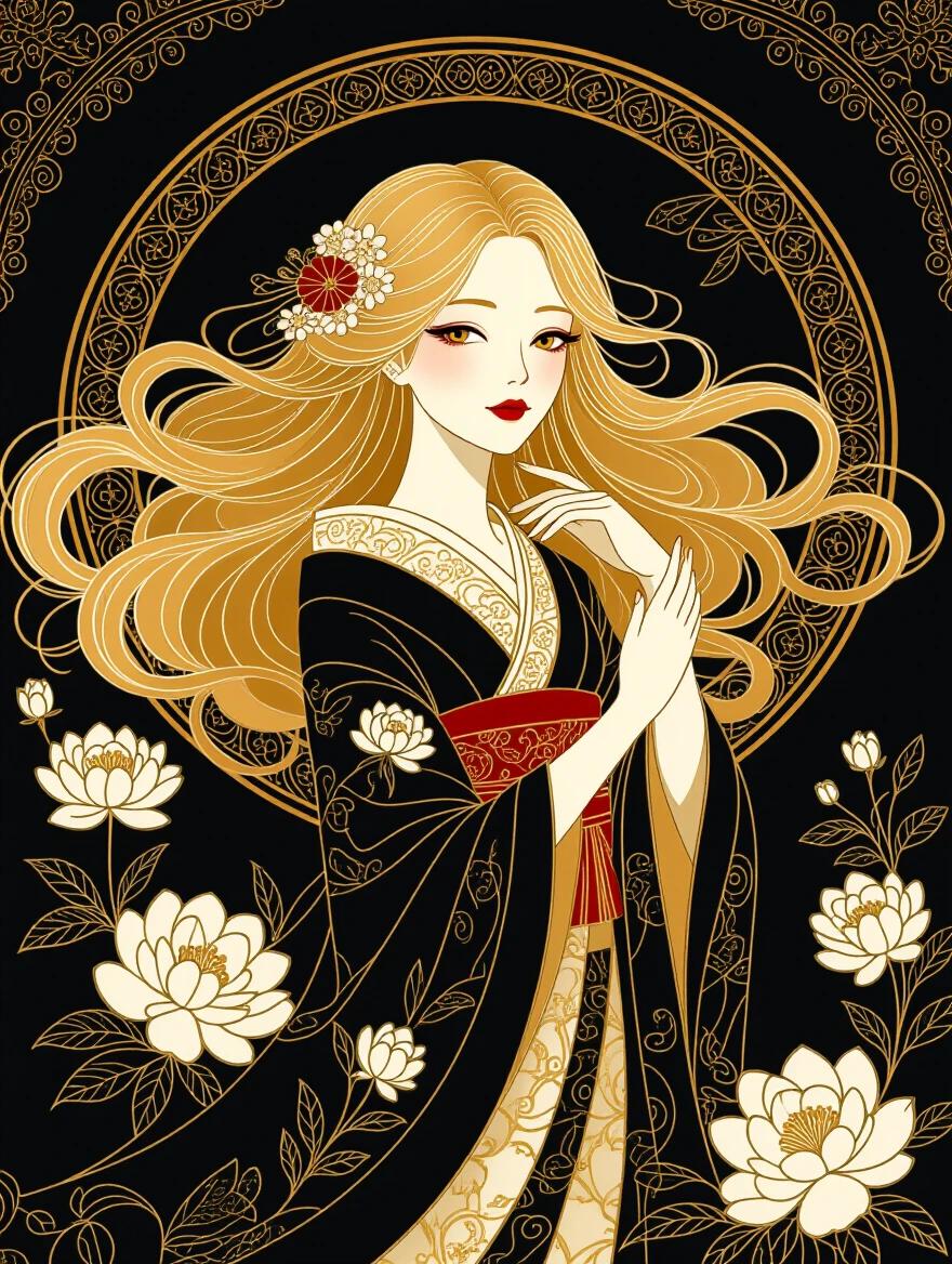 Masterful piece featuring an elegant woman. Flowing golden hair surrounds her. She is posed gracefully with hands folded. Black background highlights intricate golden floral motifs. The image has an ornamental quality reminiscent of traditional Japanese art. Soft textures are present throughout the illustration. Ethereal lighting enhances the jewel-toned palette present in the image. This illustration showcases a fantasy style. Perfect for art contests due to its layered shadows and high-definition detailing. Vertical format of 2:3 used.