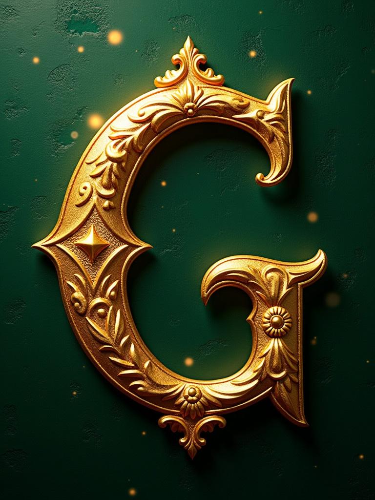 An intricately designed golden letter 'G'. Decorative elements surround the letter. The background is deep green. The letter glows with particle effects. A gold 'E' is embossed on a textured green backdrop.