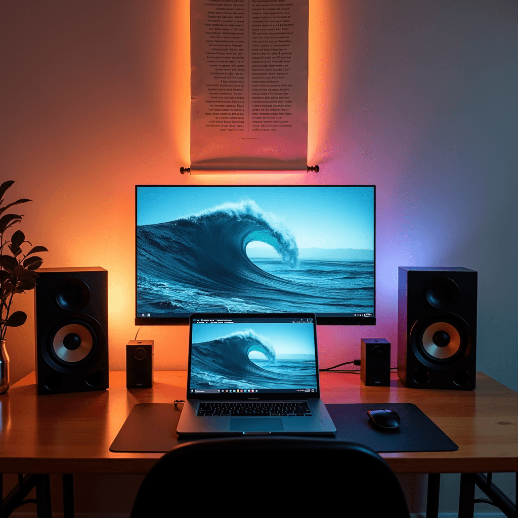 A stylish desk setup featuring a computer with ocean wave wallpaper and ambient lighting.