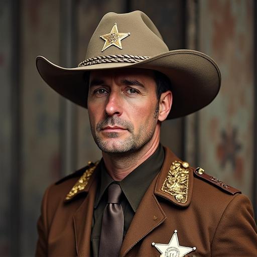 Detailed portrayal of a sheriff wearing a large cowboy hat and uniform. Emphasis on facial expression and sheriff's star.