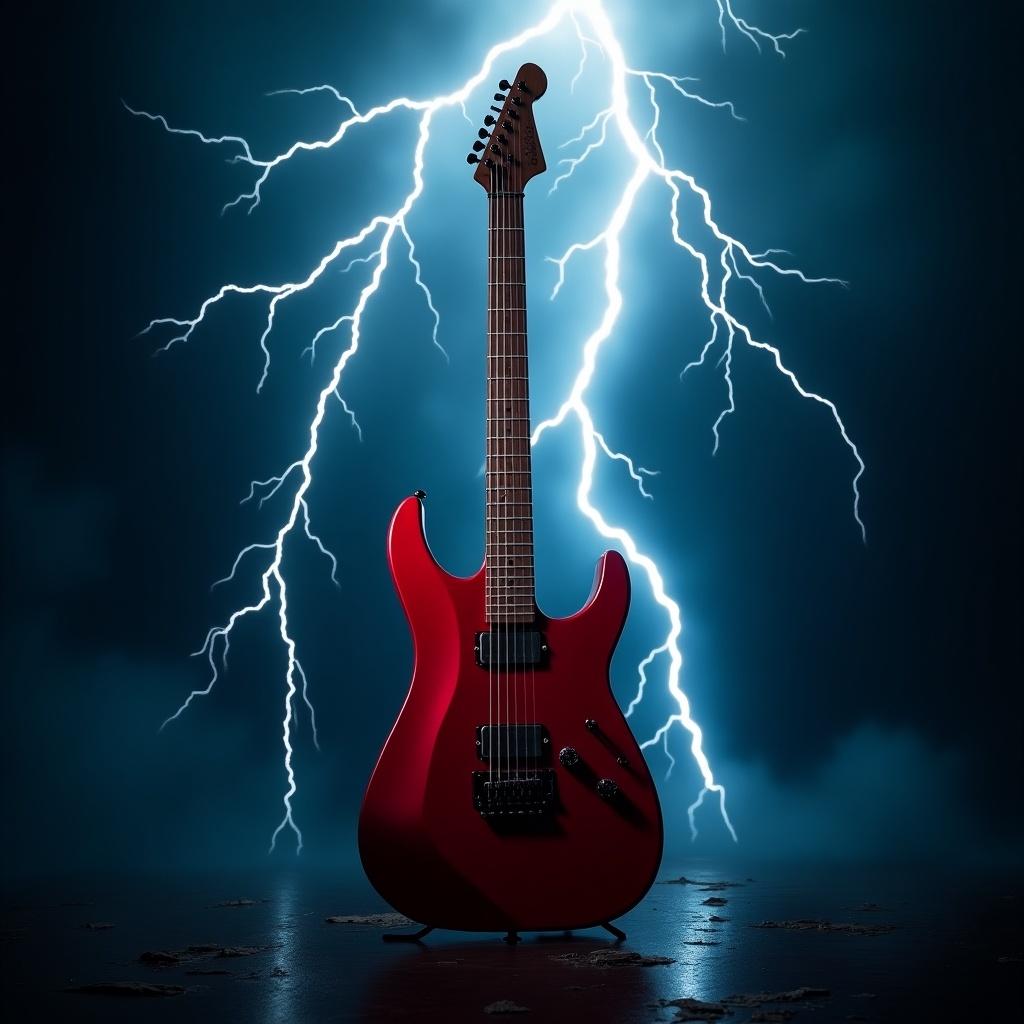 Electric guitar in a thunderstorm. Dramatic setting with lightning strikes. Dark blue background highlights the crimson guitar. Evokes music and nature's energy.