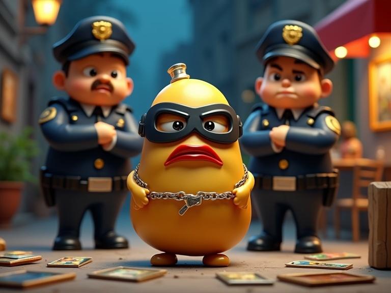 3D digital cartoon artwork featuring an angry potato character in handcuffs. The potato wears a black burglar mask and has red lips. Two serious police officers stand behind the potato. Scattered around are famous oil paintings. Night café is visible in the background. Funny and exaggerated artistic style with vibrant colors.