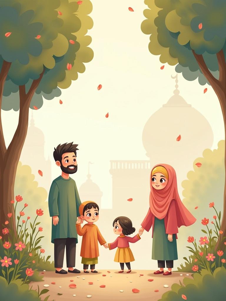 Illustration of a warm scene with a Muslim family. Four characters including two daughters and their parents. Trees and floral elements surround them. Characters enjoy Eid's cheerful atmosphere. Kawaii style with soft pastel colors. Large expressive eyes add charm. Gentle breeze carries flower petals.