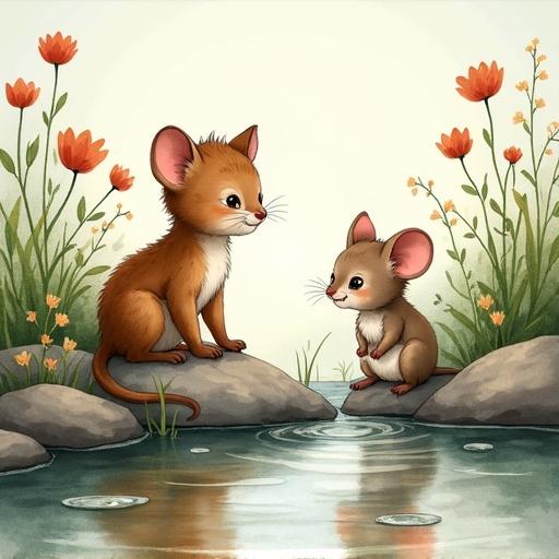 Watercolor illustration of tranquil moment by small forest stream with mouse telling a story to attentive cat cub. They sit side by side on smooth stone, surrounded by wildflowers and reflections in water.