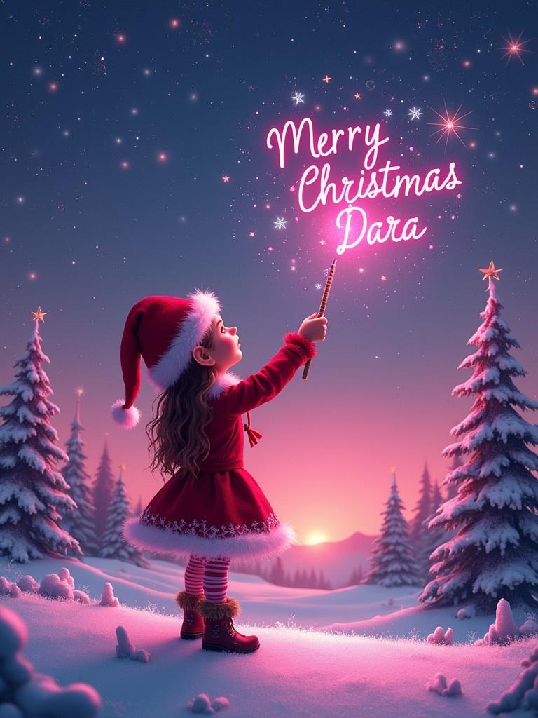 A girl in a red dress stands gazing at a pink starry sky. She is writing the name Merry Christmas Dara with a wand. Pine trees surround her. Snow covers the ground. The scene evokes a magical Christmas atmosphere.