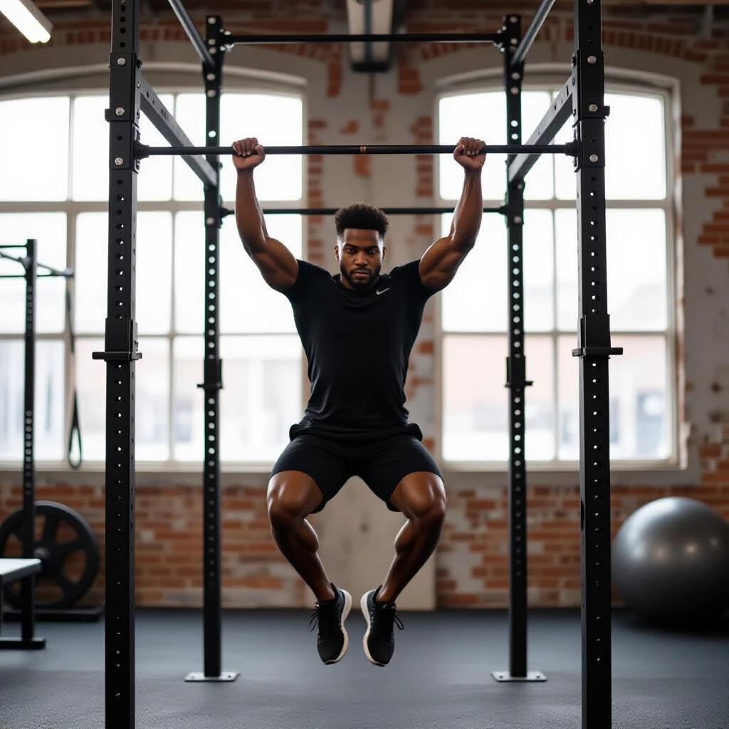 Image features an athlete performing pull-ups in a gym. The gym has large windows with natural light. The background shows a fitness environment with equipment. The focus is on the technique of the pull-up and the athletic physique.