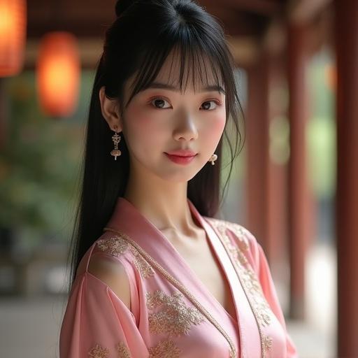 Ultra realistic portrait of an elegant East Asian woman with porcelain skin and soft pink blush on glowing cheeks. She has large expressive brown eyes and a confident gaze. Long straight black hair with blunt-cut bangs styled beautifully. Luxurious pink silk kimono-inspired dress with subtle gold embroidery and delicate floral motifs. Fitted bodice enhances her silhouette. Flowing sleeves and shimmering fabric catch the light softly. Poised like a noblewoman from classical Japan. Background shows a serene Japanese temple garden with wooden pillars and paper lanterns. Warm natural lighting creates a tranquil atmosphere.