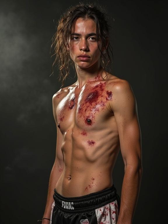 Young very skinny Thai boxer with defined abs. Body has blood and dirt marks. Hair appears untidy and sweaty. Strong facial expression.