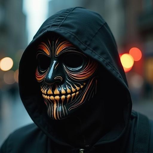 A figure wearing an elaborate mask in an urban setting. The hooded figure stands against a blurred city background. The mask features intricate designs with bright colors. The atmosphere is moody with soft lighting.