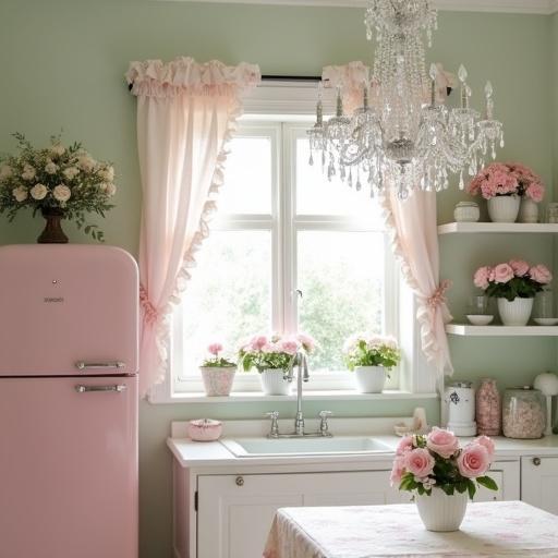 A vintage-inspired kitchen featuring white and light pink colors. Crystal chandelier hangs above a sink. Floral pots with pink roses rest on shelves beside a large window. A pink refrigerator adds charm. Ruffle curtains with pink rose print frame the window. A table with a pink rose print tablecloth sits in the center.