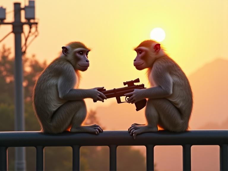 Surreal scene with two monkeys on a metal railing during sunset. One monkey holds a toy gun. Urban setting with hazy sunset background. Light colors. Emphasis on humor and whimsy.