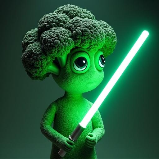 Photoreal image of a broccoli character. The character is holding a lightsaber. Scene has a green color palette. Background is minimalistic and dark.