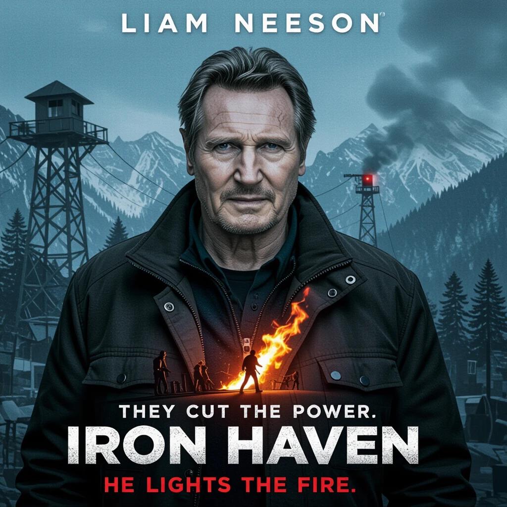 Iron Haven is a gripping action movie featuring a powerful character in a dramatic pose. The scene features a power station under attack. The tagline emphasizes tension and urgency.