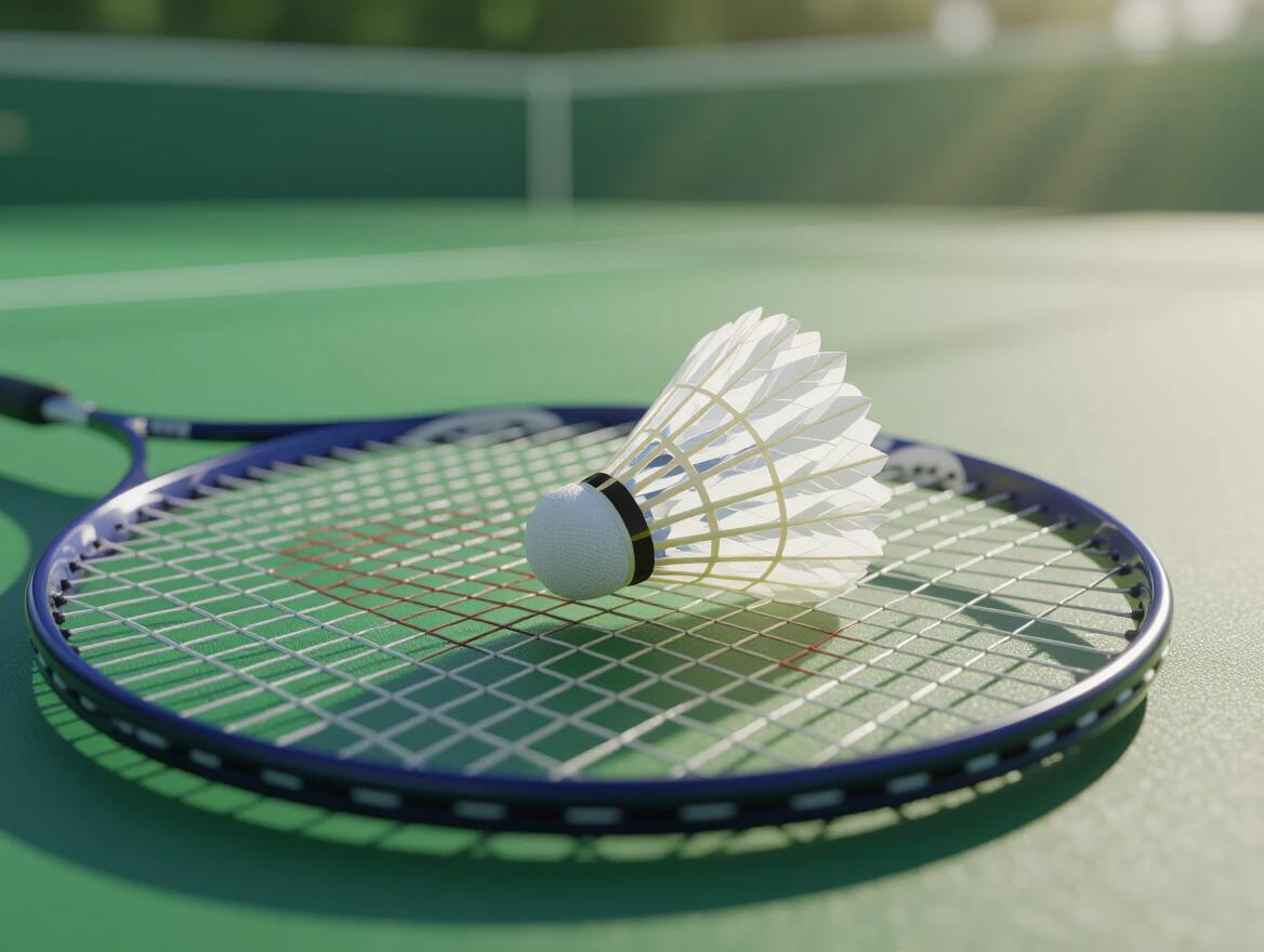 Close-up view of badminton racket on green court. Shuttlecock rests on racket strings. Detailed textures visible on shuttlecock feathers and string bed. Softly blurred background. Clean indoor sports court surface. Realistic lighting creates soft shadows. Photorealistic materials and reflections. Sharp focus on shuttlecock and racket head. Captivating composition in 8k resolution.