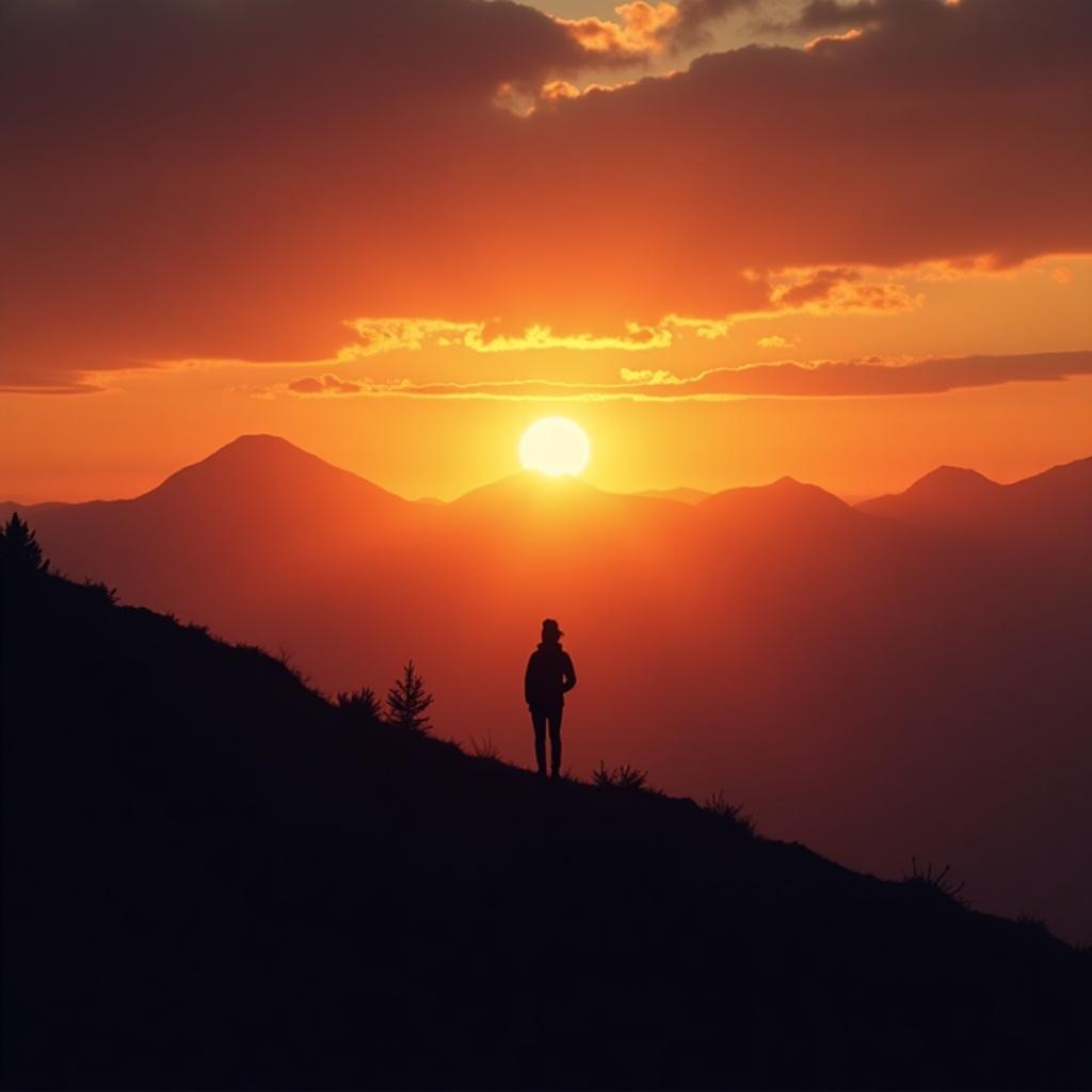 A stunning sunset scene capturing a solitary person silhouetted against the backdrop of a vibrant sky. The sun is setting behind distant mountains, casting a warm glow across the landscape. Rich oranges and purples dominate the sky, creating a dramatic effect. This image evokes feelings of tranquility and adventure. The figure stands in contemplation, soaking in the beauty of nature around them.