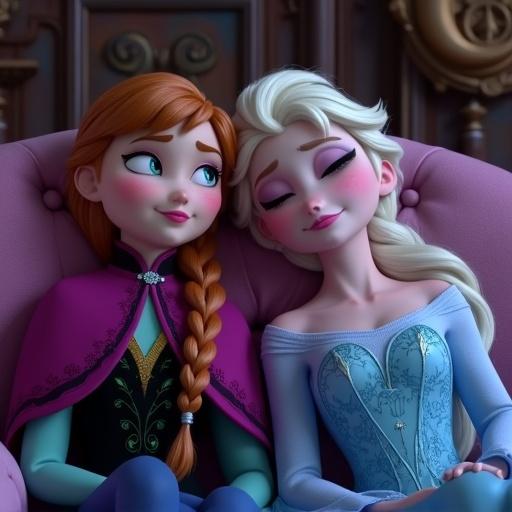 Anna and Elsa sleeping together on a throne. They snore with their mouths open. Scene full of warmth and comfort.