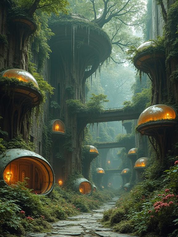 Surreal biomechanical village created by nature cult inside decaying megastructure. Homes made of living plant matter fused with metal. Soft, bulbous shapes have glowing fungal lanterns. Vines cover steel beams. Air filled with spores and bioluminescent pollen. Structures pulse like breathing. Organic walkways connect pod-houses. Mutated insects crawl along walls. Symbiotic creatures tend gardens of fleshy crops. Villagers wear grown clothing. Sleep in cocoon-like sacs. Vast biomechanical Tree looms above. Roots penetrate rusted floors. Atmosphere of post-industrial decay reclaimed by nature. Style combines Tsutomu Nihei, Nausicaä, and Junji Ito.