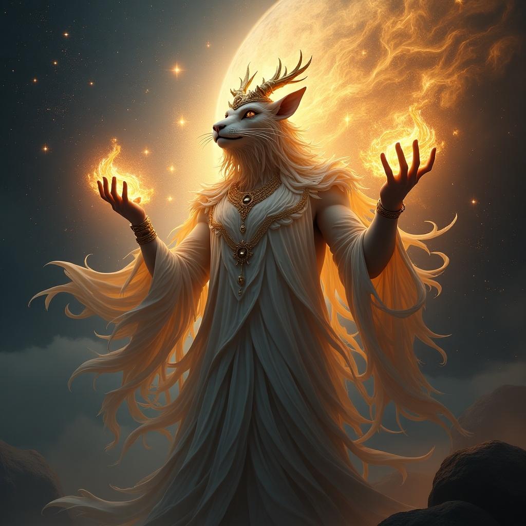 A sacred creature with magical energy, full body, in a celestial background, emitting light and power from its hands. Intricate details and epic imagery.