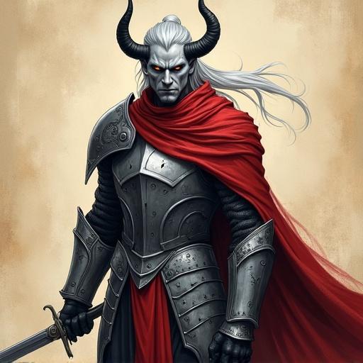 Tall male tiefling paladin with ash-gray skin and glowing amber eyes. Long silver hair in a ponytail. Black curved horns. Stern expression. Scars on cheekbones. Immaculate plate armor with infernal sigils. Dark crimson cloak. Noble stance with long sword. Cinematic scene with artistic shading on ancient parchment background.